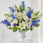 Serenity Tribute Arrangement with Daisies, Delphiniums, Lilies, Roses, and Stock - Image 2