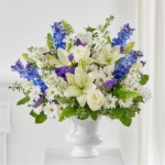 Serenity Tribute Arrangement with Daisies, Delphiniums, Lilies, Roses, and Stock - Image 3
