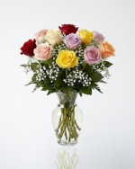 12 Mixed Color Roses in a Vase