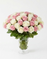 50 Pink and White Roses in Vase