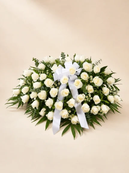 White Rose and Gypsophila Casket Spray Arrangement