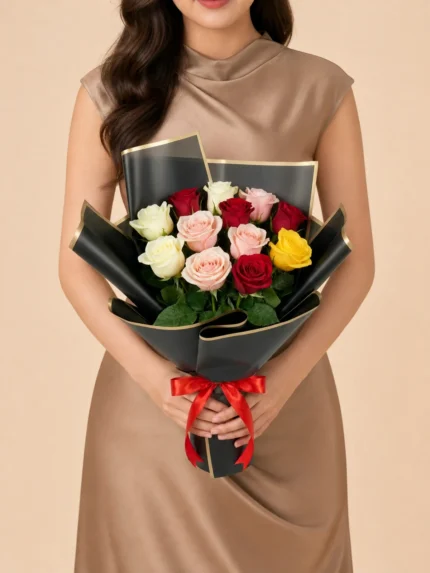 Bouquet of 12 Mixed-Colour Roses