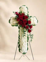Adorned Funeral Cross Tribute with Carnations, Roses and Limonium