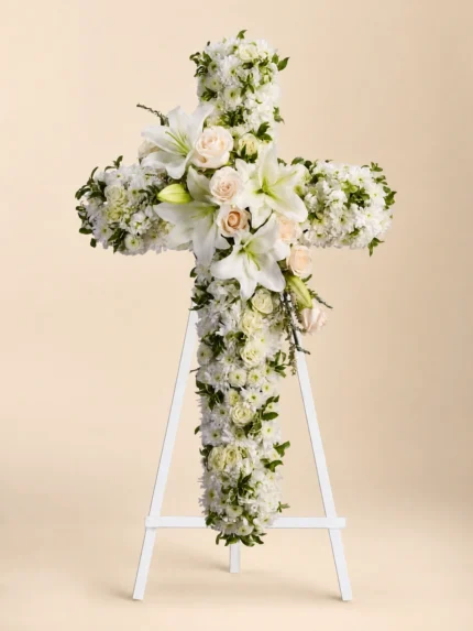 White Cross Standing Spray Arrangement