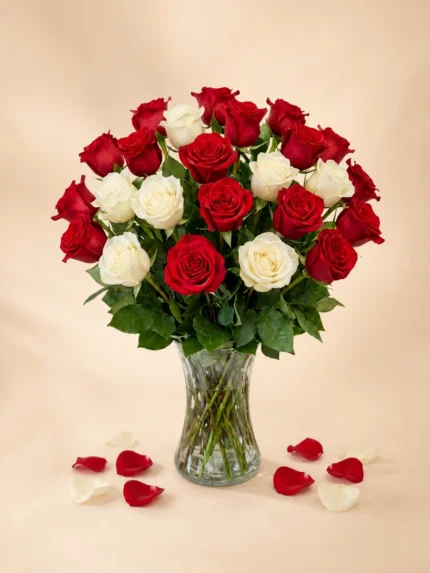 24 Red and White Roses in a Vase
