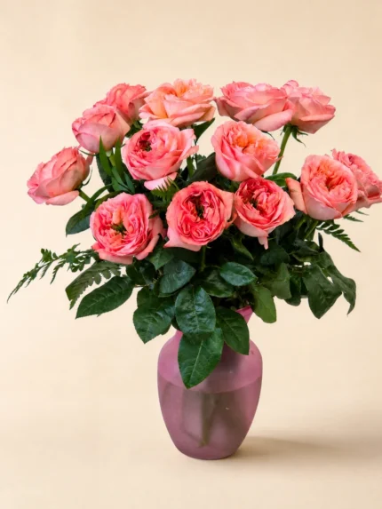 24 Pink Garden Roses In a Vase