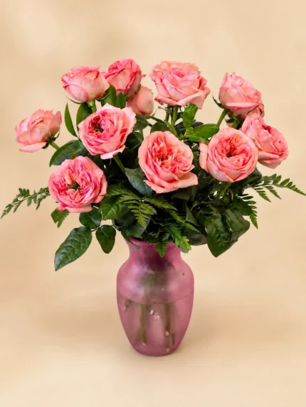 12 Pink Garden Roses in a Vase