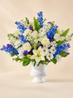 Serenity Tribute Arrangement with Daisies, Delphiniums, Lilies, Roses, and Stock