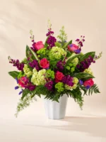 Tranquil Pathways Flower Basket with Hydrangea, Roses, Statice and Stock