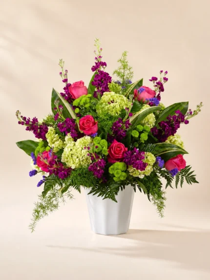 Tranquil Pathways Flower Basket with Hydrangea, Roses, Statice and Stock