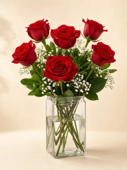 Six Red Roses in a Vase