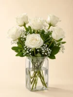 6 White Roses in a Vase