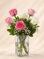 6 Pink and White Roses in a Vase