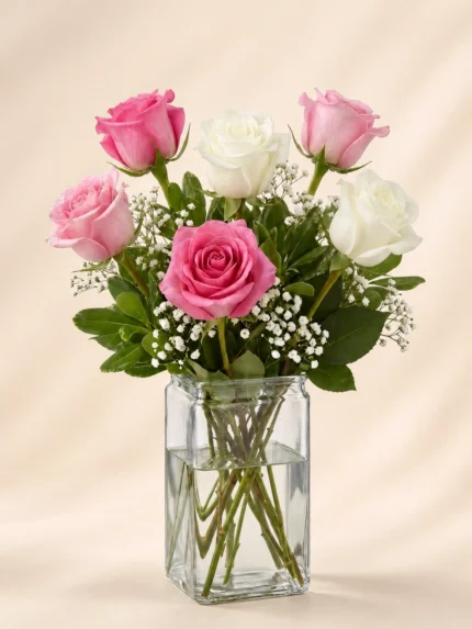 6 Pink and White Roses in a Vase