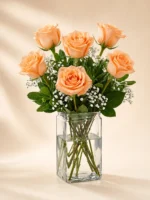 6 Peach Roses in a Vase