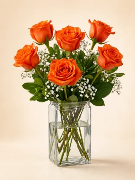 Six Orange Roses in a Vase