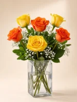 6 Yellow and Orange Roses in a Vase
