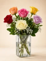 Six Mixed-Color Roses in a Vase