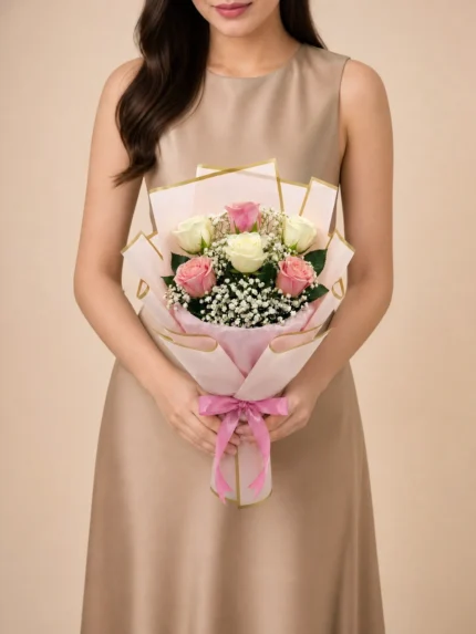Bouquet of 6 Pink and White Roses