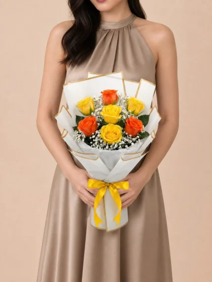Bouquet of 6 Orange and Yellow Roses