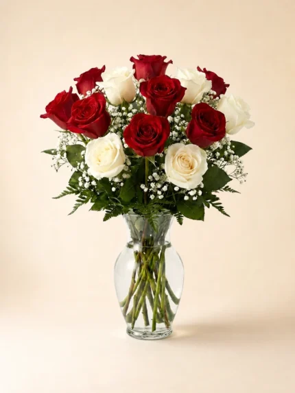 12 Red and White Roses in a Vase