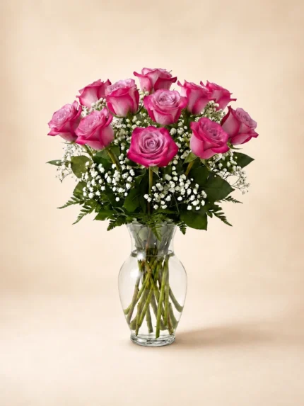 12 Purple Roses in a Vase