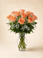 12 Peach Roses in a Vase