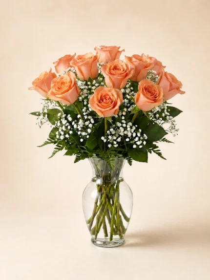 12 Peach Roses in a Vase