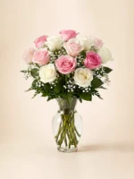 12 Pink and White Roses in a Vase