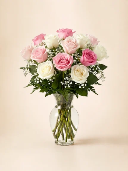 12 Pink and White Roses in a Vase