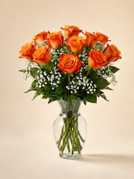 12 Orange Roses in a Vase
