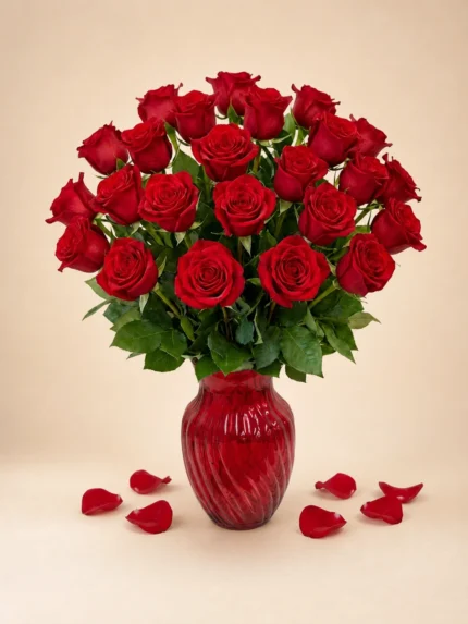 24 Red Roses in a Red Vase
