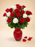 24 Red and White Roses in a Red Vase