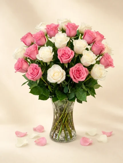 24 Pink and White Roses in a Vase