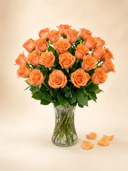 24 Peach Roses Arranged in a Vase