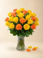 24 Orange and Yellow Roses in a Vase