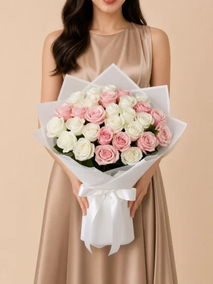 Bouquet of 24 White and Pink Roses