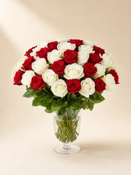 50 Red and White Roses in a Vase