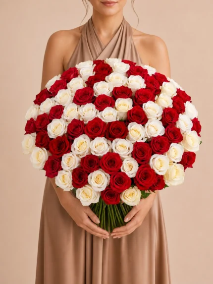 100 Red and White Roses Bouquet